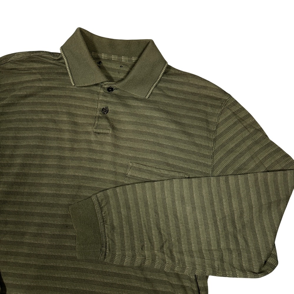 Vintage Long Sleeve Stripe Polo Shirt Olive Green Textured Knit Chest Pocket L